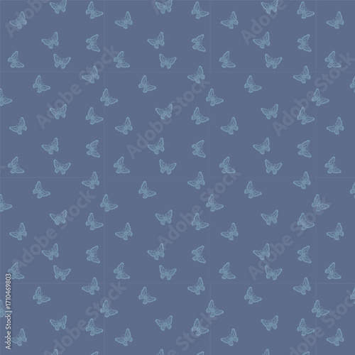 Elegant butterfly seamless pattern. Delicate hand-drawn blue butterflies with a soft texture. Minimalist nature vector for wallpaper, fabric, or wedding stationery.