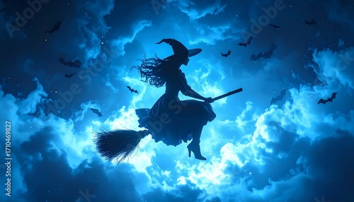A witch riding a broom through a swirling storm glowing blue background with flying bats around her
