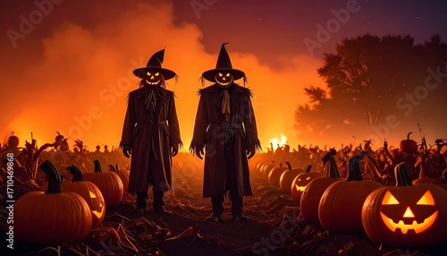 A pumpkin patch at midnight glowing scarecrows standing watch fiery red orange background
