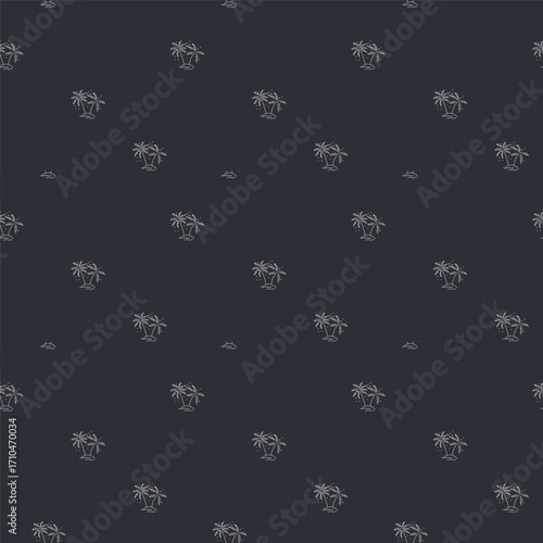 Elegant minimalist palm tree seamless pattern. Hand-drawn tropical island sketch on a dark background. Modern summer vector for fashion fabric, wallpaper, or packaging.