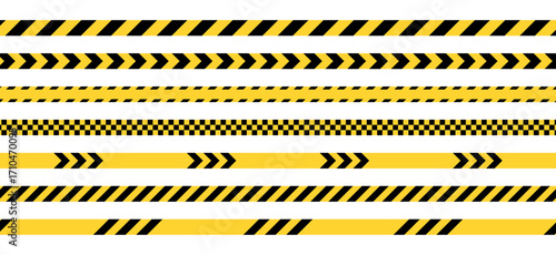 Yellow caution tape danger. Safety line used by police and construction workers. Set of vector horizontal warning stripes.