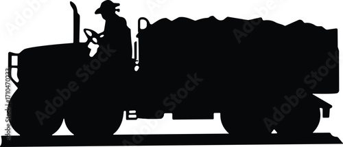 Tractor silhouette, farmer driving, agricultural trailer, rural transport, farming equipment, black illustration, harvest load, countryside work, minimal design, field machinery