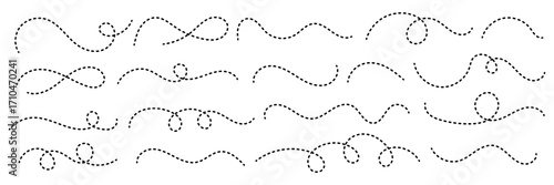 Abstract hand drawn curve lines. Hand sketched spiral curly border. Looping Squiggle Lines. Dotted Hand Sketched Wavy Curvy Lines. Squiggle loopy dashed line vector.