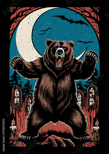 Roaring bear with crescent moon gothic church forest night vintage illustration