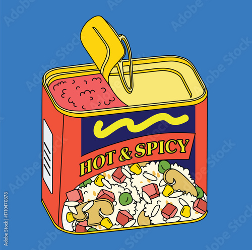 Canned luncheon spam meat (Canned ham). Vector illustration. Hand drawn poster style different flavours spam food	