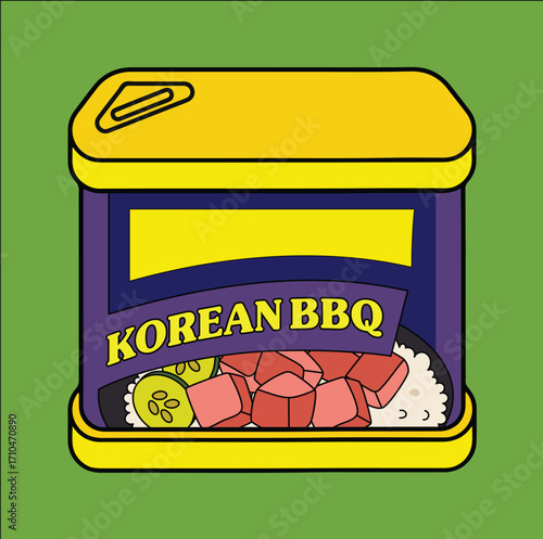 Canned luncheon spam meat (Canned ham). Vector illustration. Hand drawn poster style different flavours spam food	