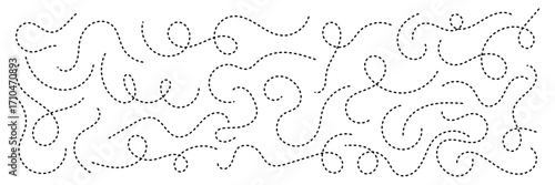 Dashed hand drawn squiggle loopy line vector. Dotted spiral curve line. Hand Sketched Curly Border. Abstract long squiggle dashed. Abstract Hand-Drawn Dotted Line Collection.
