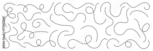 Dashed hand drawn squiggle loopy line vector. Dotted spiral curve line. Hand Sketched Curly Border. Abstract long squiggle dashed. Abstract Hand-Drawn Dotted Line Collection.