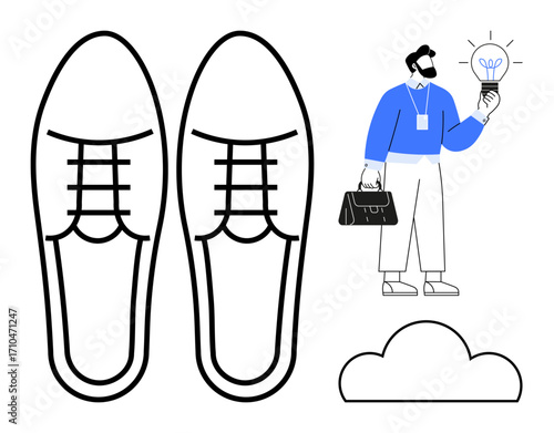 Businessman holding briefcase with glowing light bulb idea, large formal shoes outline, cloud shape. Ideal for innovation, fashion, professional growth, creativity, solutions career. Simple flat