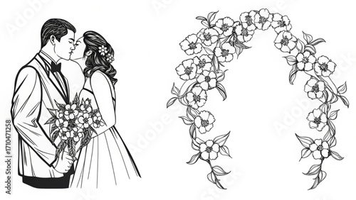 A black and white drawing of a wedding couple kissing with a floral archway illustration beside them silhouette