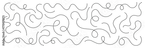 Dashed hand drawn squiggle loopy line vector. Dotted spiral curve line. Hand Sketched Curly Border. Abstract long squiggle dashed. Abstract Hand-Drawn Dotted Line Collection.