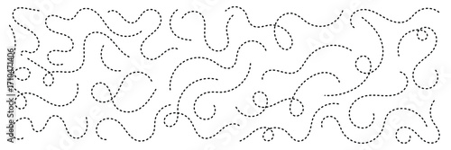 Dashed hand drawn squiggle loopy line vector. Dotted spiral curve line. Hand Sketched Curly Border. Abstract long squiggle dashed. Abstract Hand-Drawn Dotted Line Collection.