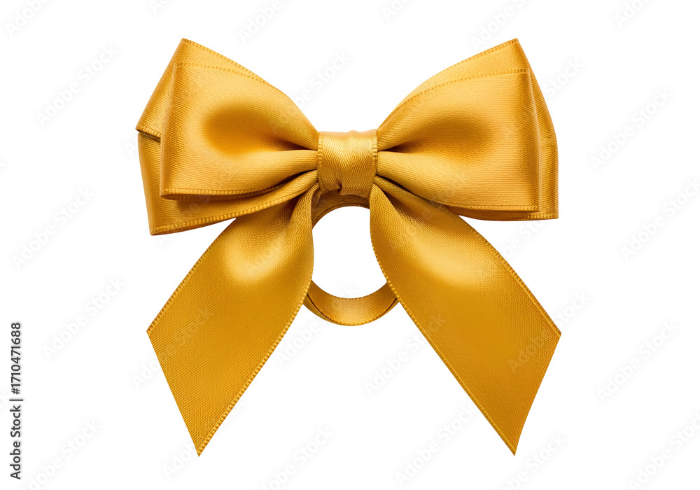 Naklejka premium A radiant gold satin ribbon bow, elegantly tied, against a pure black background, showcasing a sophisticated and festive aesthetic.