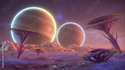 A surreal alien landscape with glowing planets, strange trees, and purple grass creating a dreamy and otherworldly scene