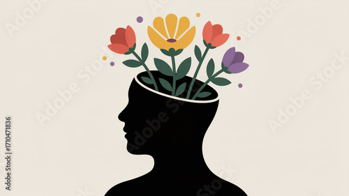 Silhouette of a head with flowers growing out of it, symbolizing mental health, growth, and creativity isolated on white background