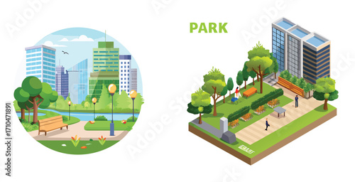 Compact urban pocket park seamlessly integrated into the cityscape Vector art design illustration
