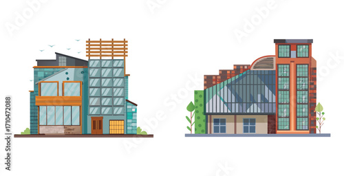 Contemporary building featuring a façade clad in sustainable materials Vector art design illustration