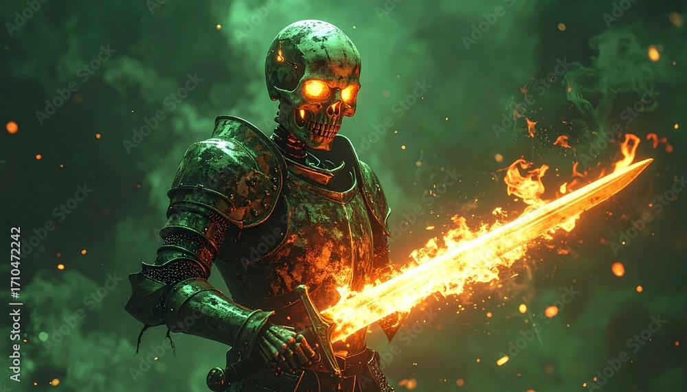 Fototapeta premium A skeleton knight in rusty armor holding a sword glowing flames in the sockets eerie green background 