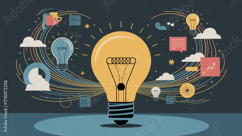 A bright lightbulb illuminates with creative icons, symbolizing innovation and ideas, set against a dark background with colorful elements
