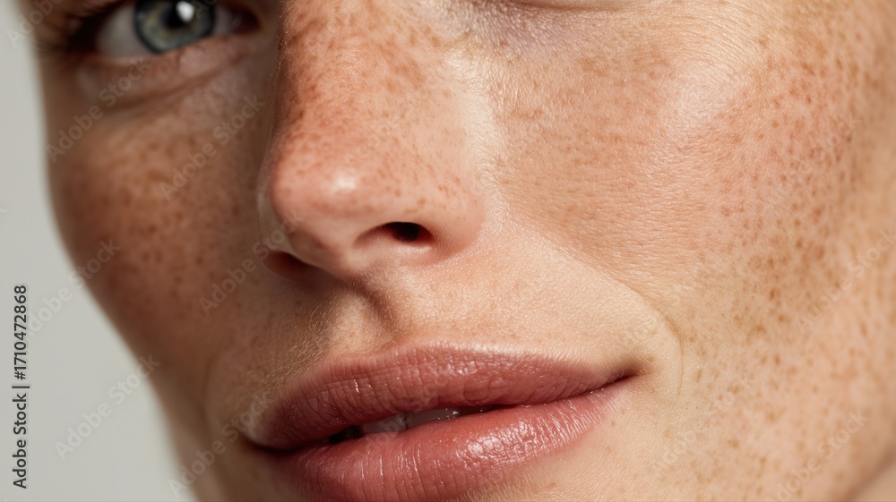 Obraz premium そばかすのある女性の肌のアップ。美容やスキンケアのイメージに最適な素材。