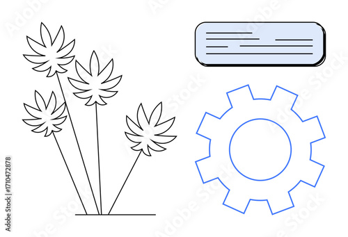 Minimalist plants, a blue gear outline, and a text box. Ideal for eco-concepts, productivity, innovation, technology, environment branding and sustainability. Simple flat metaphor