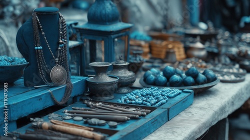 Display of silver jewelry and beads at traditional bazaar stall.