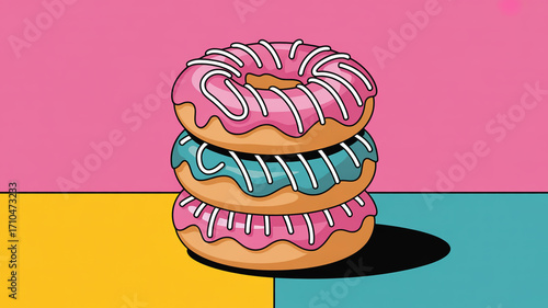 A stack of three colorful donuts with pink, blue, and purple icing on a vibrant background creates a fun and playful illustration