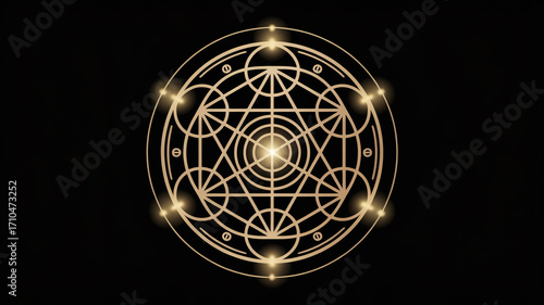 An intricate golden geometric mandala with glowing light effects on a black background creates a mystical and spiritual atmosphere