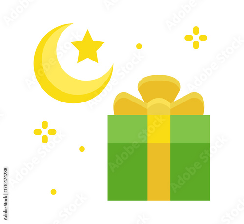 Celebrate joyous moments with a festive gift under a shimmering crescent moon and stars, perfect for special occasions and cultural holidays