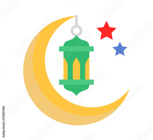Festive Islamic crescent moon with hanging lantern and stars creates a celebratory atmosphere for religious holidays and cultural events.
