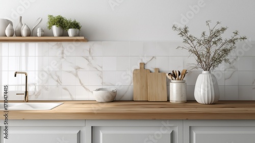 Minimal kitchen with wooden countertop, white tiles, and decor items.