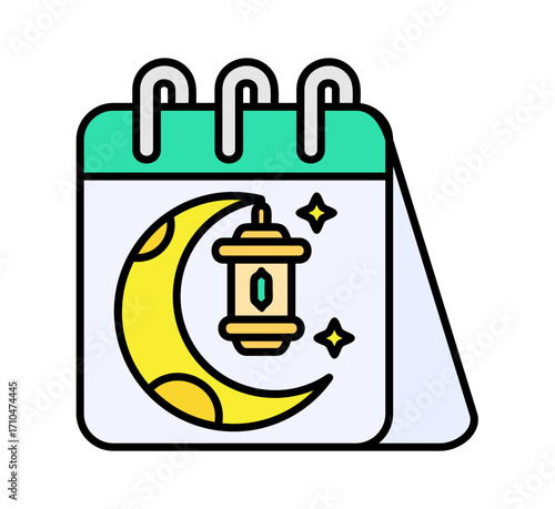 Celebrate Ramadan with a beautiful crescent moon, ornate lantern, and sparkling stars marking important dates on a calendar page.