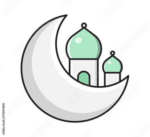 Stunning Islamic crescent moon cradles a serene mosque with glowing domes, symbolizing faith, peace, and spiritual journey