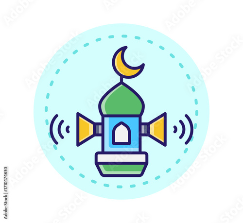 Vibrant Islamic mosque tower with crescent moon and sound waves, symbolizing spiritual broadcast and community connection.