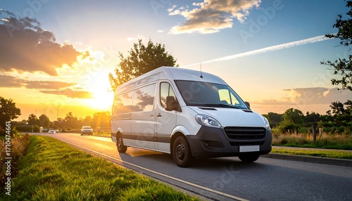 White Van Driving on Road During Sunset.