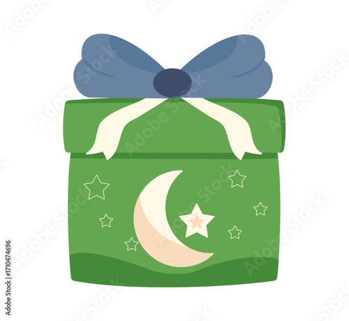 Charming green gift box adorned with crescent moon and stars, topped with a festive blue bow for any celebration.