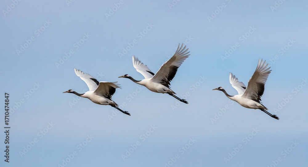 Obraz premium Three white cranes fly gracefully against the sky.