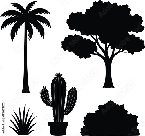 Simple Silhouette Tropical and Desert Plants Diverse Nature Icon Set