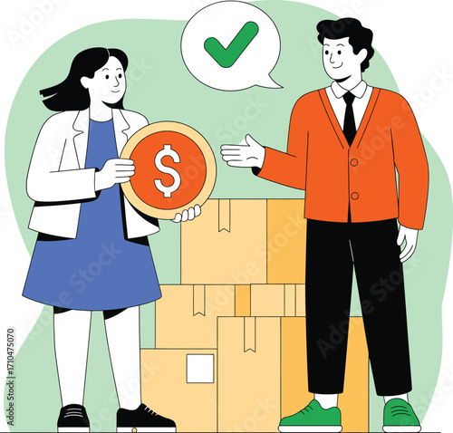 Successful business transaction between man and woman with coin and approved symbol illustration