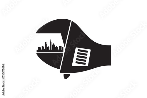 City Skyline Wrench Silhouette Design Construction Tool with City Illustration