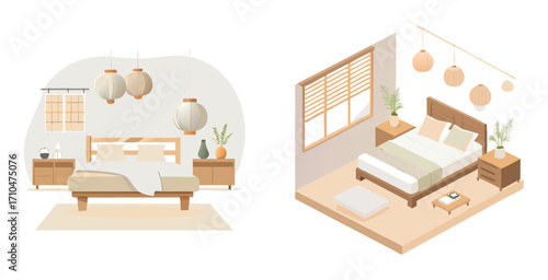 Tranquil Japanese style bedroom blending Japanese minimalism with Scandinavian warmth Vector art design illustration