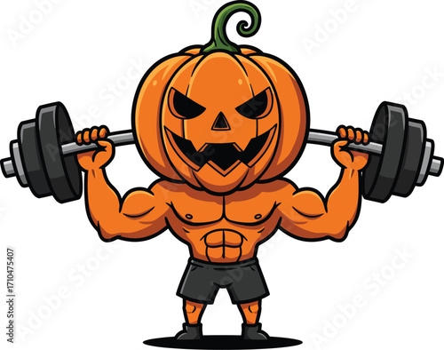 Cartoon Muscular Pumpkin Lifting Barbell Illustration for Halloween Gym Theme