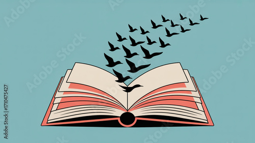 An open book with birds flying out of it, symbolizing freedom, knowledge, imagination, and the power of reading and education