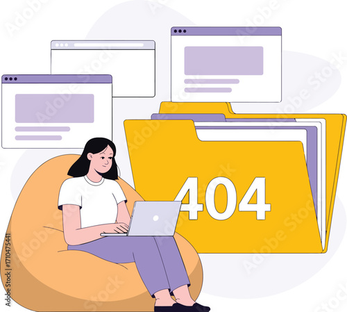 Woman works on laptop near large folder displaying 404 error page not found concept illustration