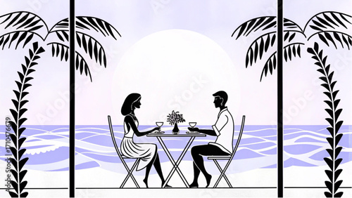 A couple having a romantic dinner on the beach at sunset with palm trees in a black and white drawing silhouette