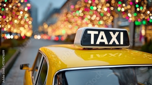Taxi is parked on a street with a Christmas tree in the background. The taxi is yellow and has a sign on top that says 