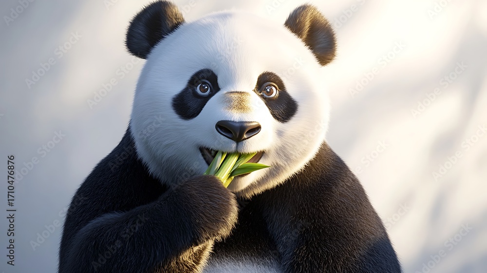Naklejka premium Giant panda bear cub eating fresh bamboo in the Chengdu research base in China