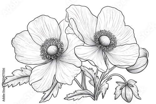 Wallpaper Mural Elegant hand-drawn black and white floral design featuring two delicate poppy flowers and greenery transparent background Torontodigital.ca
