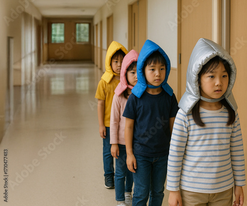 Students in Line with Protective Hoods for Disaster Preparedness Training