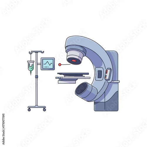 illustration of radiotherapy machine administering cancer treatment with medical monitor and iv stand nearby